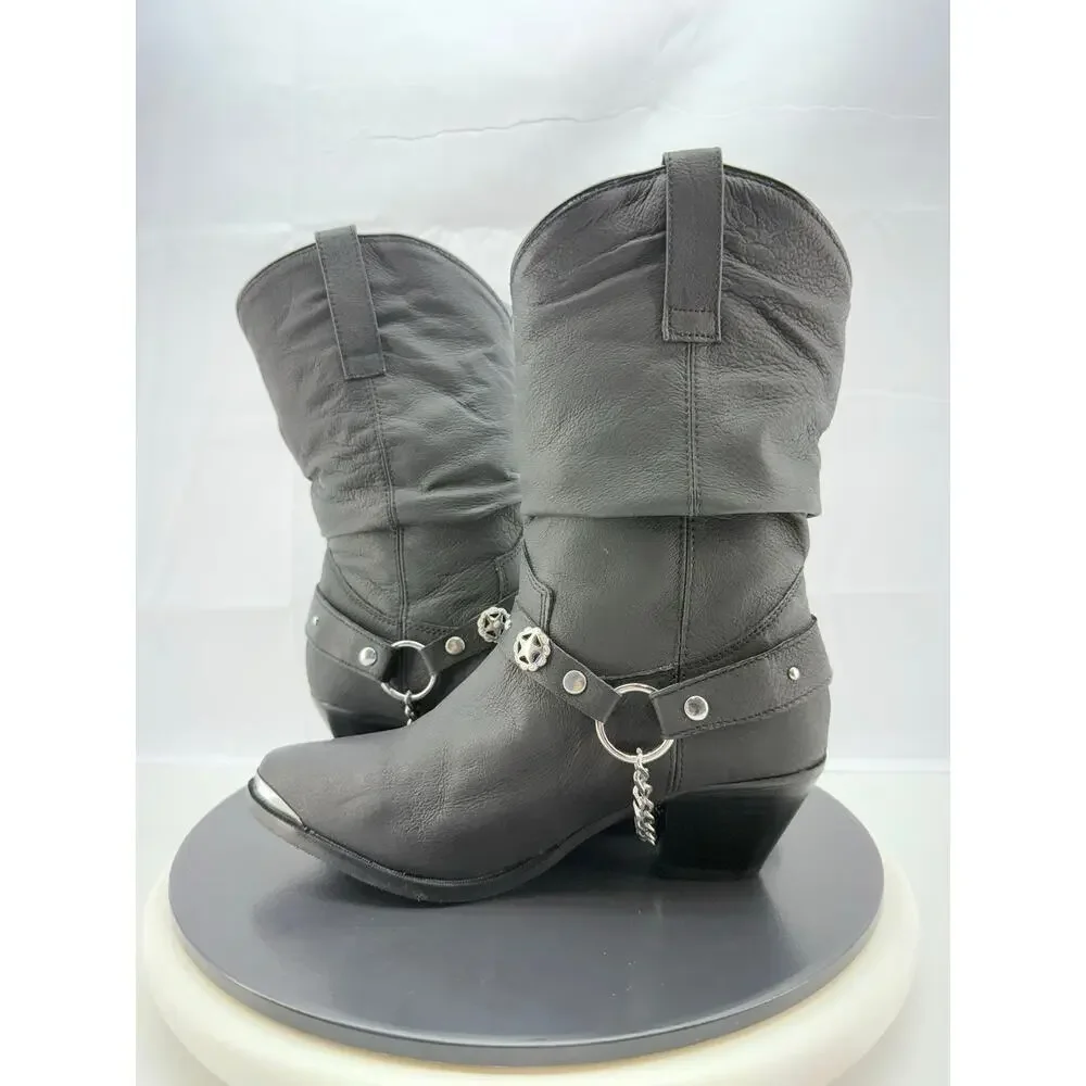 Dingo Olivia Womens Sz 8M Pigskin Leather Black Slouch Boots Concho Strap‎ DI522